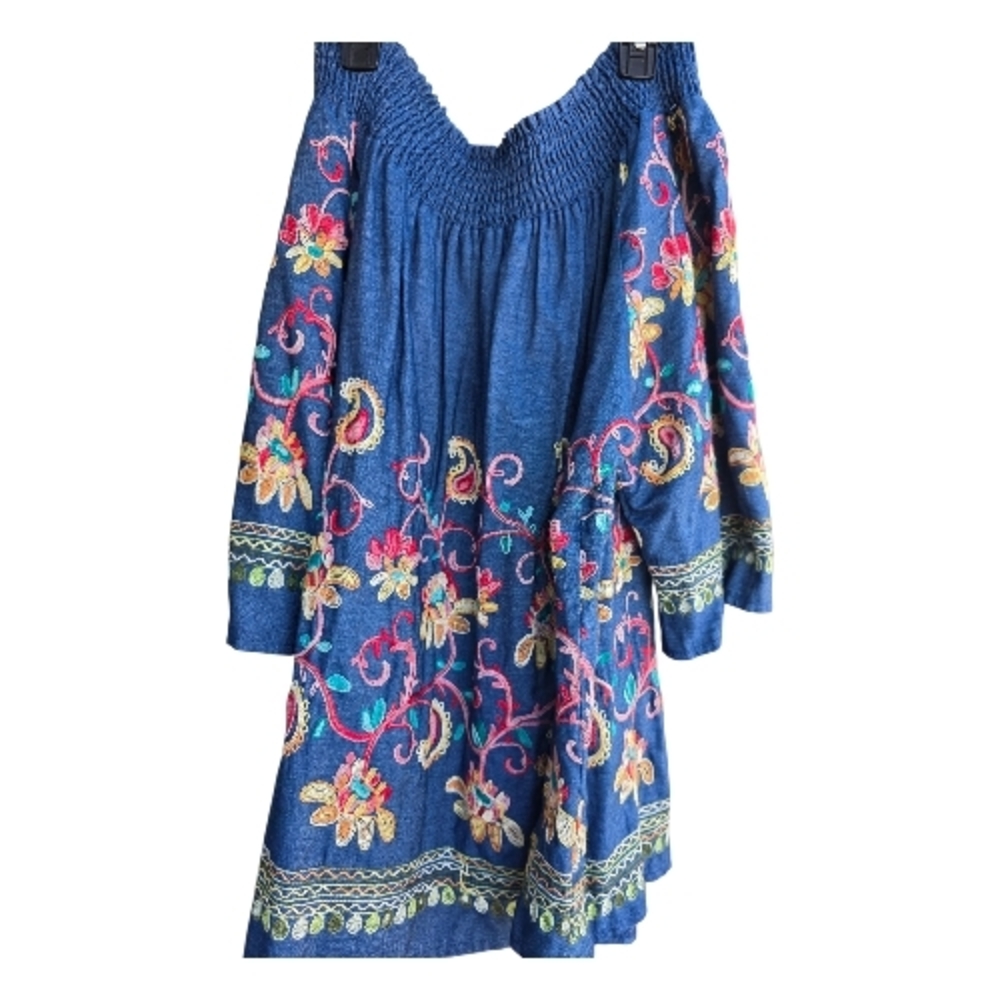 Oso Floral Embroidered Off-Shoulder Multicolor Chambray Top Size 2X  28" PTP